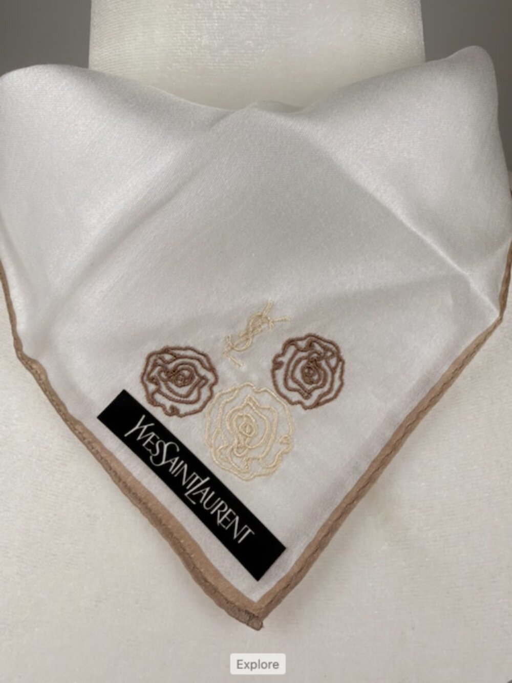 Vintage Yves Saint Laurent YSL Embroidered Rose Mini Scarf / Handkerchief — 14.5